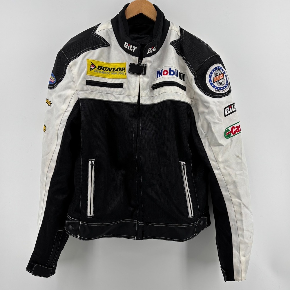 Bilt BLM 23 Motorcycle Racing Jacket Mens Large Black White Sponsor Patches L